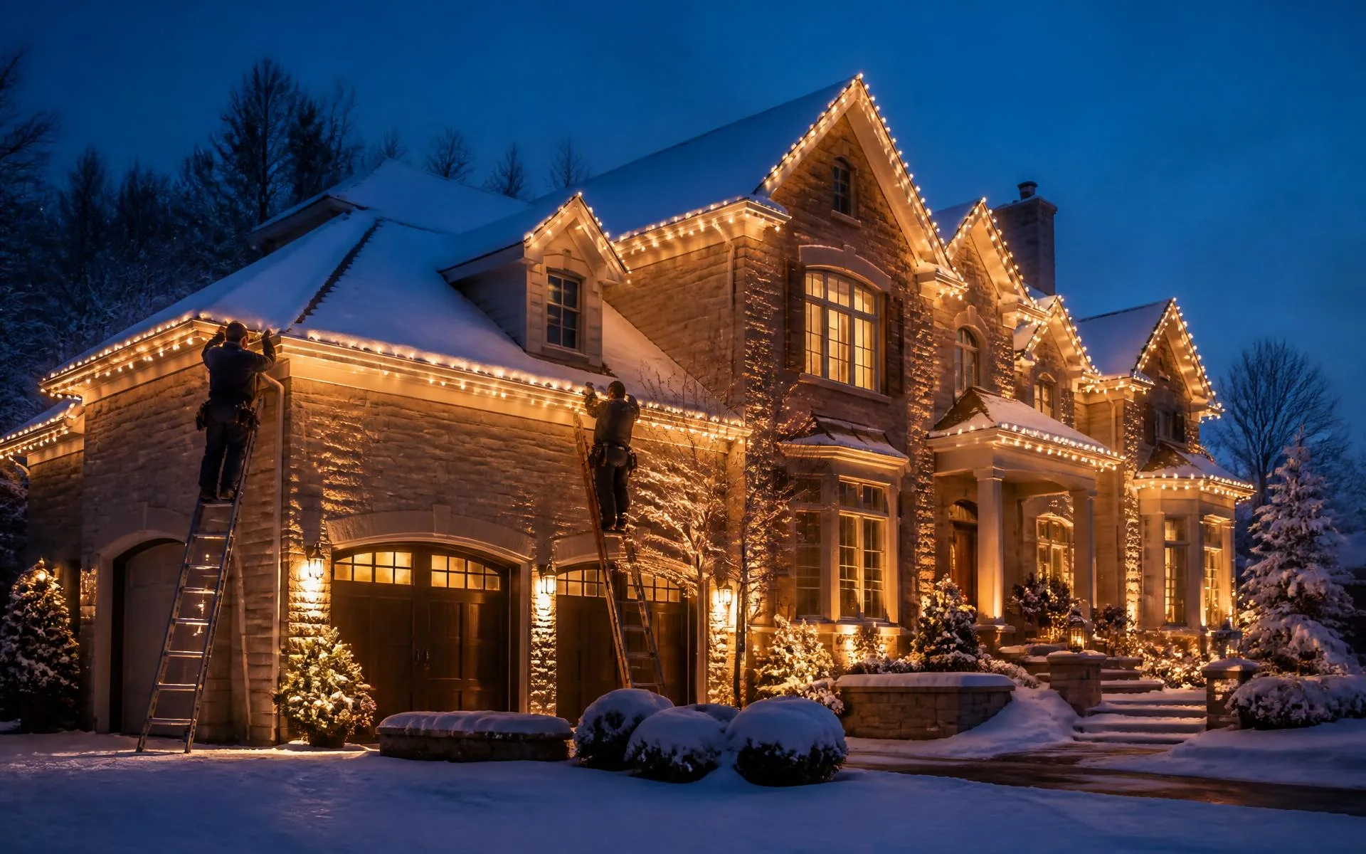 Deux installateurs posant des lumières de Noël sur le toit d'une maison à Québec